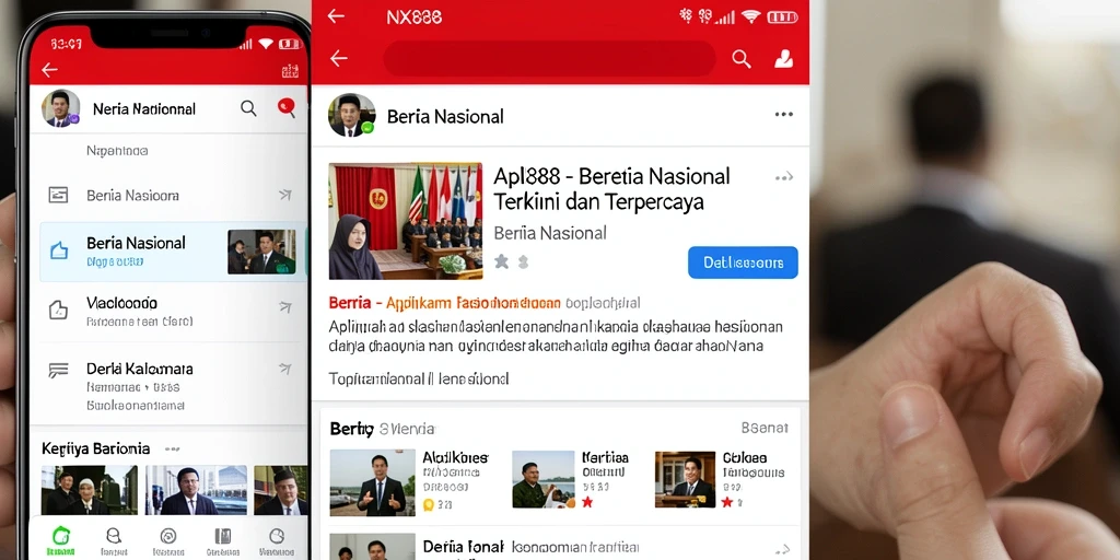 Screenshot aplikasi NX888 menampilkan antarmuka berita nasional yang informatif.